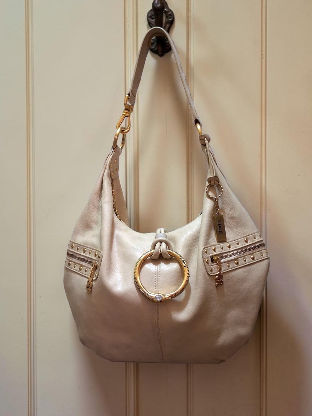 Luce Cream Leather Hobo with Gold Ring Accent